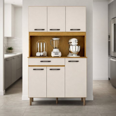 Armário de Cozinha 6 Portas e 1 Gaveta Valentina Bege/Cinamomo/Off White Acetinado