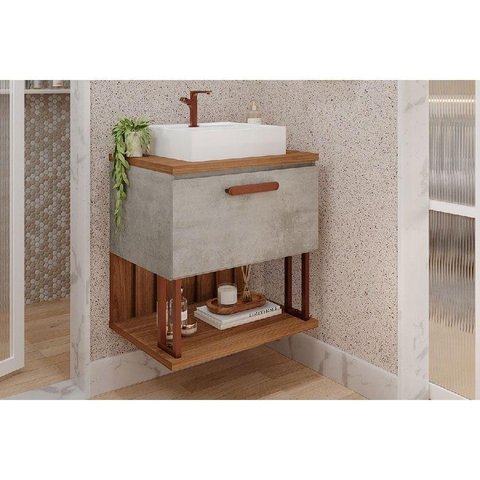 Balcão P/ Banheiro Duna 1 Porta C/ Cuba 60cm Cimento/freijo - Mgm