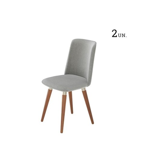 Conjunto de 2 Cadeiras de Madeira Maciça Estofada Dakota - Natural C/ Linho Cinza - Champanhe