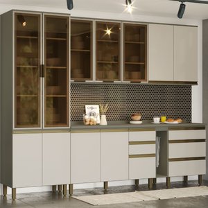 Cozinha Modulada 271,5cm Completa 7 Peças com Cristaleira 12 Portas 5 Gavetas Connect Henn - Duna/cr