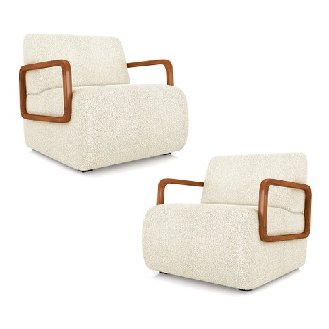 Kit 2 Poltronas Decorativa Sala de Estar Odessa Braços em Madeira Bouclê Off White G33 - Gran Belo