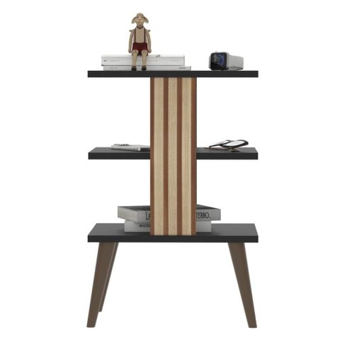 Mesa de Cabeceira Retro com Prateleira Mesa de Quarto Lateral Moderna Pop - Preto e Ripado