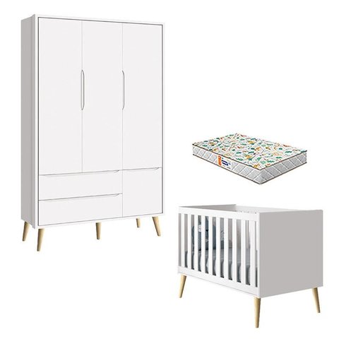 Berço Americano e Guarda Roupa 3 Portas Theo Branco Pés Madeira Natural com Colchão Gazin – Reller