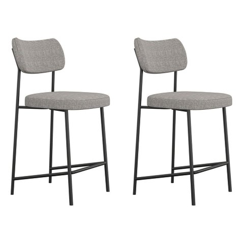 Kit 02 Banquetas Médias para Cozinha Lila Estofada com Encosto Linho Cinza - Desk Design
