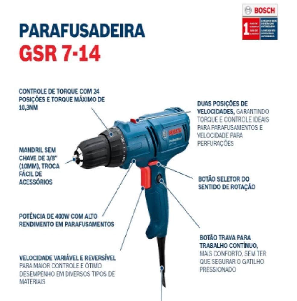 Furadeira Parafusadeira Elétrica 400w Gsr 7-14e 220v Azul - 3