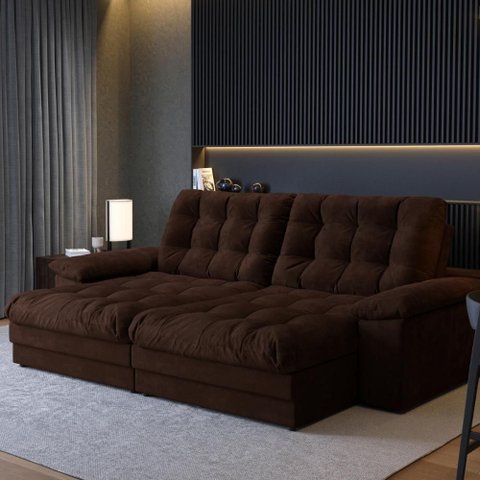 Sofá com Chaise Houston 3 Lugares Retrátil e Reclinável 210cm Marrom Suede