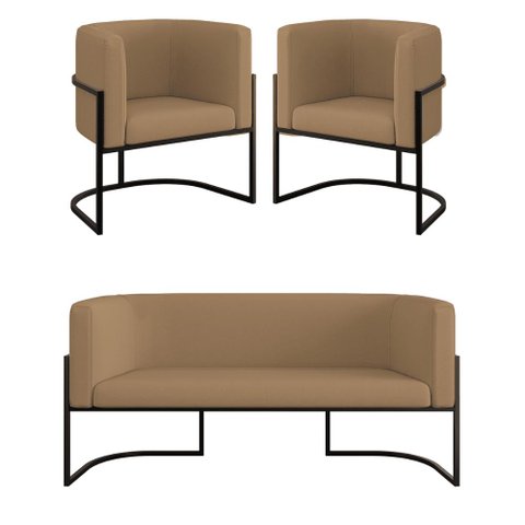 Kit 2 Poltronas + Sofá 2 Lugares Base de Metal Black Veludo Cor:capuccino
