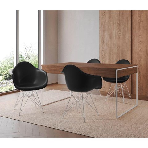 Mesa Jantar Industrial Amêndoa 137X90Cm Com 4 Poltronas Pretas Base Ferro Br Cor: Amendoa