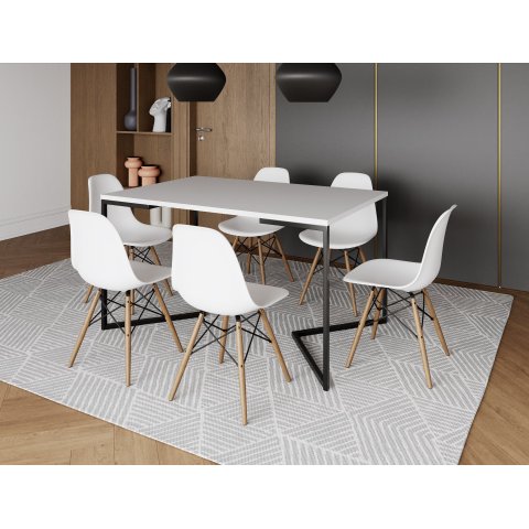 Mesa Industrial Base Ferro Preto em V Tampo 137x90 Branco 4 Cadeiras Eames Madeira Assento Branco