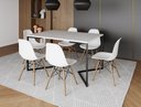Ver imagem 1 de Mesa Industrial Base Ferro Preto em V Tampo 137x90 Branco 4 Cadeiras Eames Madeira Assento Branco