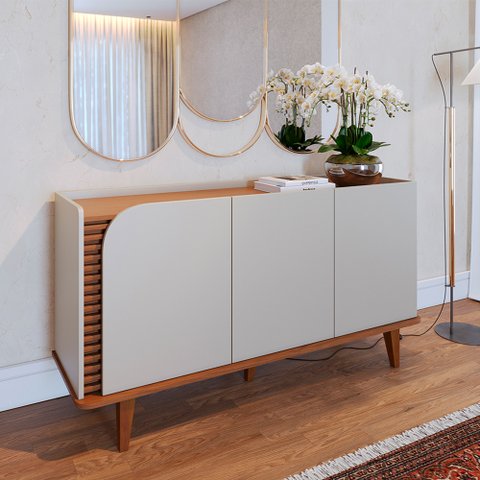 Buffet Decorativo Sala de Jantar Versátil Village 1,36cm Pés de Madeira Off-white/ Freijó G73 - Gran