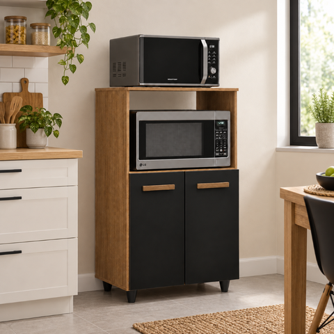 Armário Balcão Multiuso para Cozinha Micro-Ondas e Forno Tais 02 Portas Savana Preto Moblis