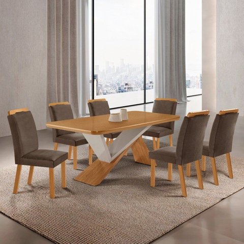 Conjunto de Mesa 180cm e 6 Cadeiras Athenas MDF Marrom Naturalle / Off White