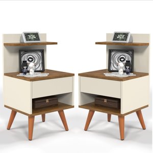 Kit 2 Mesas de Cabeceira para Quarto Pés Palito Retrô 1 Gaveta Sleep - Off White/nature