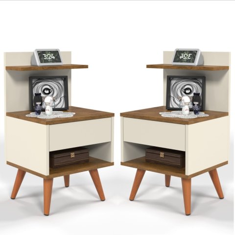 Kit 2 Mesas de Cabeceira para Quarto Pés Palito Retrô 1 Gaveta Sleep - Off White/nature