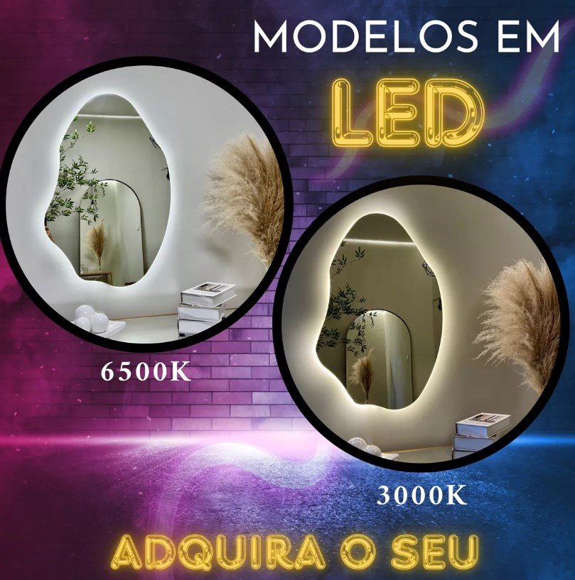 Espelho Grande Orgânico Lapidado Decorativo Sala Hall Parede 90x60 Cm Moderno com Led 3000k - 3