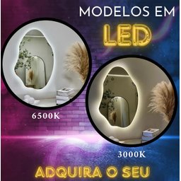 Espelho Grande Orgânico Lapidado Decorativo Sala Hall Parede 90x60 Cm Moderno com Led 3000k - 3