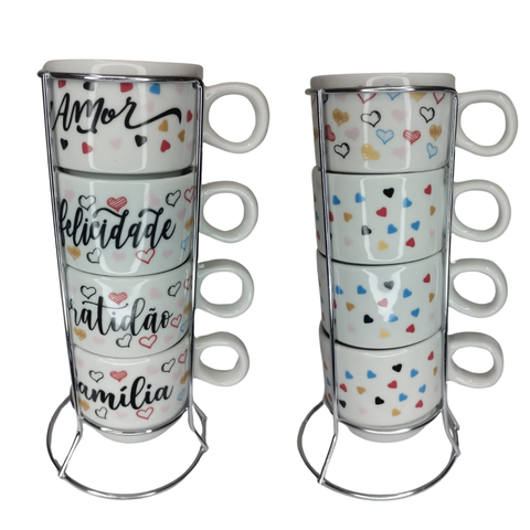 Conjunto de 4 Xícaras de Porcelana com Suporte Metal!encante Seus Dias com Um Toque de Charme e Insp