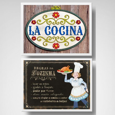 Kit 2 Quadros Regras Da Cozinha 33x24cm - com vidro:Madeira preta