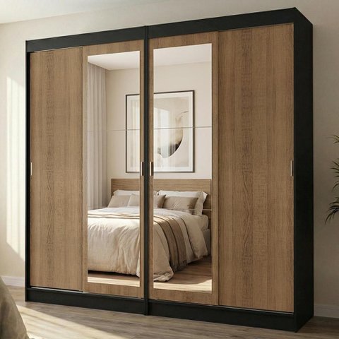 Conjunto 2 Guarda Roupas 4 Portas de Correr com Espelhos MDP Preto-Rustic Madesa 218cm