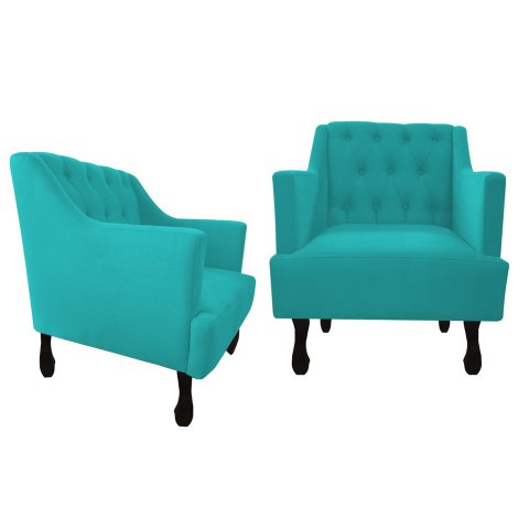 Kit 2 Poltronas Decorativa Julia Suede Azul Tifany Pés Madeira Mz Decor