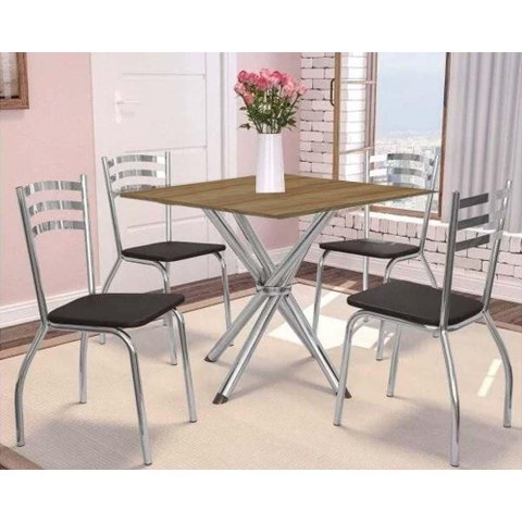 Conjunto: Mesa Sala Jantar Volga C/ Tampo de Madeira 90cm e 4 Cadeiras Portugal Cromado/nogueira -
