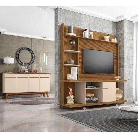 Kit 2 Peças com Estante para TV de até 47 Polegadas 100% MDF e Buffet 3 Portas com Pés de Madeira Maciça Marrom
