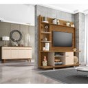 Ver imagem 1 de Kit 2 Peças com Estante para TV de até 47 Polegadas 100% MDF e Buffet 3 Portas com Pés de Madeira Maciça Marrom