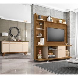 Kit 2 Peças com Estante para TV de até 47 Polegadas e Buffet 3 Portas com  Pés de Madeira Maciça - 1