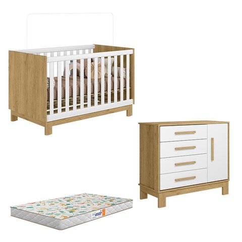 Berço Americano 4315 e Cômoda Sapateira 4355 Q Encanto Slim Freijó TOQ Branco Acetinado com Colchão 
