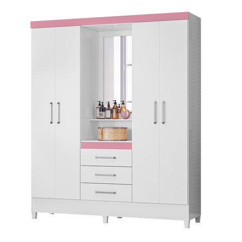 Guarda Roupa de Casal 4 Portas Diamante Branco/Rosa c/ Espelho - Bela Móveis