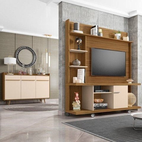 Kit 2 Peças com Estante para TV de até 47 Polegadas e Buffet 3 Portas com Pés de Madeira Maciça Marrom