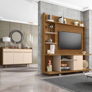 Kit 2 Peças com Estante para TV de até 47 Polegadas e Buffet 3 Portas com  Pés de Madeira Maciça