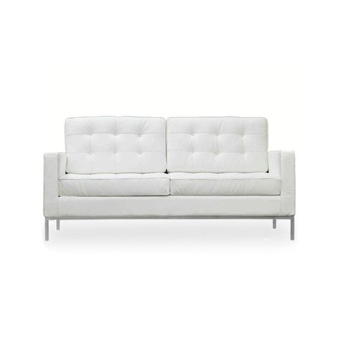 Sofá Florence Knoll 2 Lugares Cromado em Couro Natural Branco