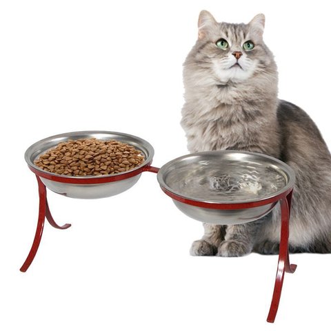 Comedouro Alto Duplo em Inox Pet para Gatos Ração Agua - Vermelho