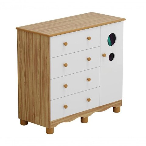 Comoda Infantil 1 Porta 4 Gavetas Bolinha - Moveis Peroba Amendoa-branco