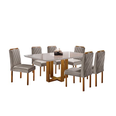 Conjunto Sala de Jantar 6 Lugares Irlanda Mesa e Cadeiras Madeira Maciça Tampo Vidro Off-white