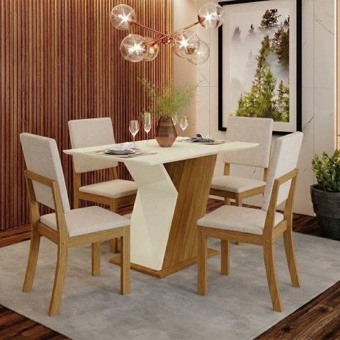 Conjunto Sala de Jantar Layla 4 Lugares Tampo MDF Cadeiras Suede Off White 120cm Casa 812