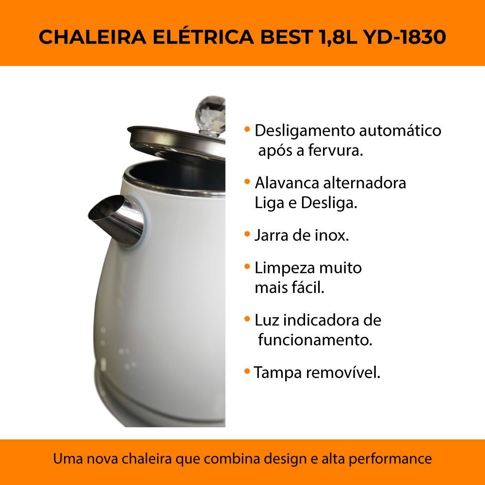 Chaleira Jarra Bule Eletrica Térmica Yd-1830c 127v Branco Best - 4