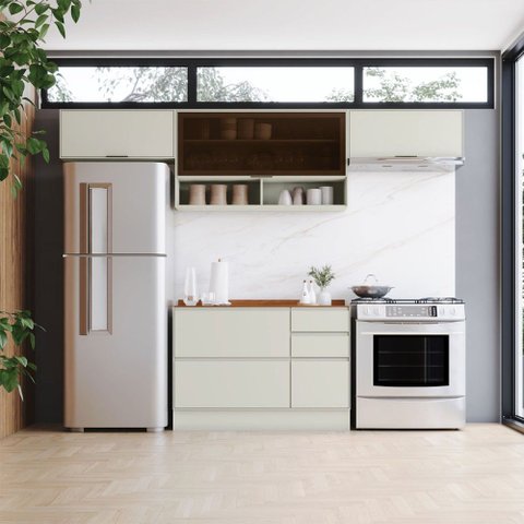 Cozinha Completa Fineze 4 Portas 4 Gavetas com Vidro e Tampo 100% MDF Areia Hp/Cinamomo - Henn