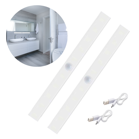Kit 2 Luminárias Led 5W Barra 50Cm USB Sensor De Presença Movimento Luz de Emergência Closets Armári