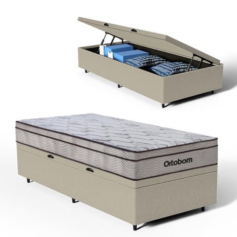 Cama Box Baú com Colchão Ortobom de Molas Ensacadas Pillow In Pro Vida Solteiro 88cm