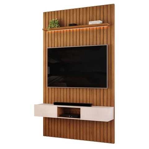 Painel Trento para TV com Bancada 143 Ripado Freijó Off White com LED -DJ Móveis
