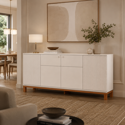 Aparador Buffet Sala de Estar Cozinha 4 Portas 180cm Visari Off White/Freijó C01 - D’Rossi