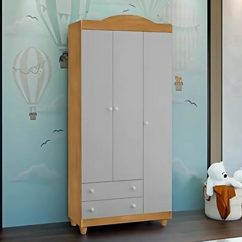 Roupeiro Lara Mdf 3 Portas Elegante Resistente Design Clean:nature/cinza