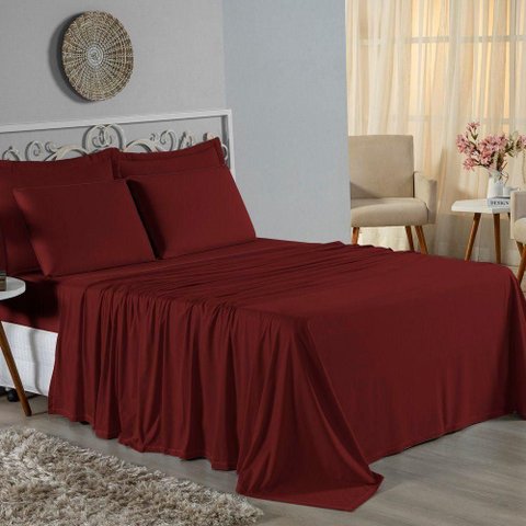 Jogo de Cama Casal Viúva Nobre 4 Peças Malha 100% Algodão - Vinho