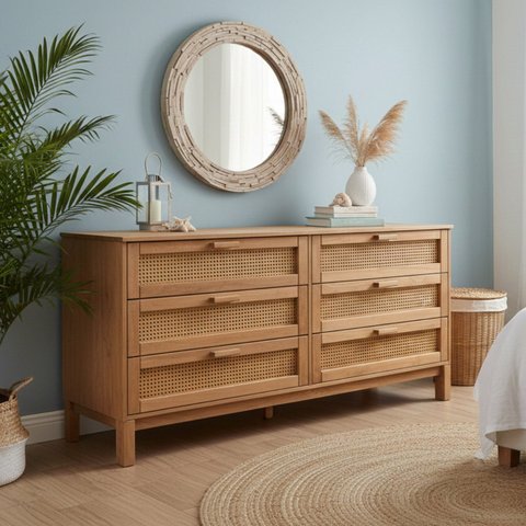 Cômoda de Luxo Madeira Maciça com 6 Gavetas, Rattan e Cera Natural com Toque Acetinado – Acapulco Marrom