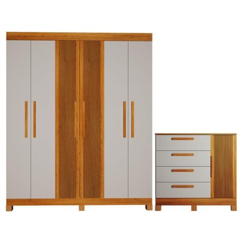 Guarda Roupa Casal Andorinha 6 Portas com Cômoda 4 Gavetas MDF Naturalle Off White Valdemóveis