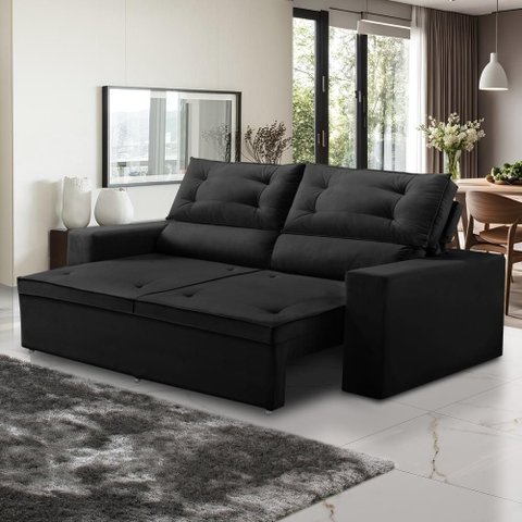 Sofá Retrátil e Reclinável 3 Lugares com Molas 1,80m Lana Suede Preto Rover & Beato
