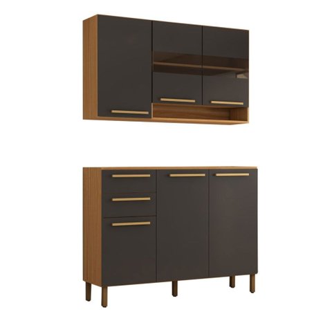 Cozinha Compacta Notte 6 Portas 2 Gavetas 100% Mdf com Vidro Amêndoa/chumbo - Panorama Móveis
